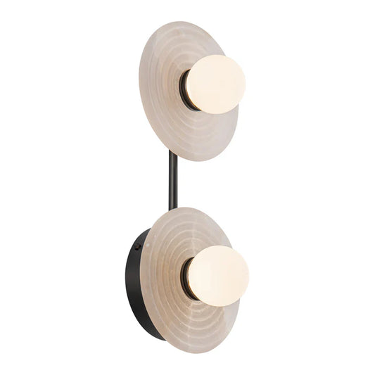 Modern wall light fixture with two circular shades on a white background
