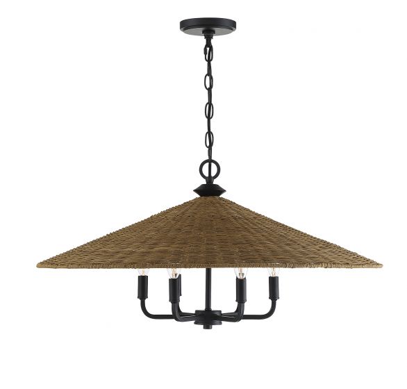 Pendant light with woven shade and black metal fixture on a white background