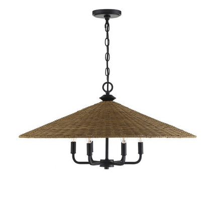 Pendant light with woven shade and black metal fixture on a white background