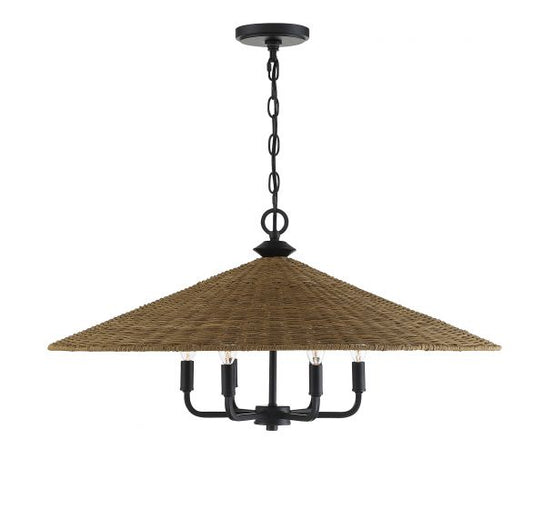 Pendant light with woven shade and black metal fixture on a white background