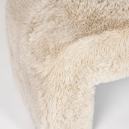 Close-up of a fluffy beige rug on a light gray background