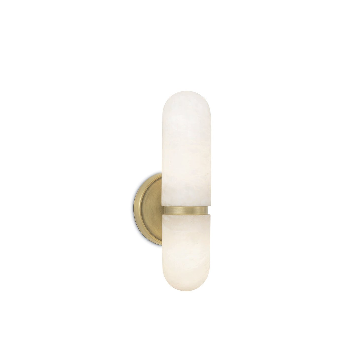 Wall-mounted light fixture with white glass shade and gold metal base on a white background