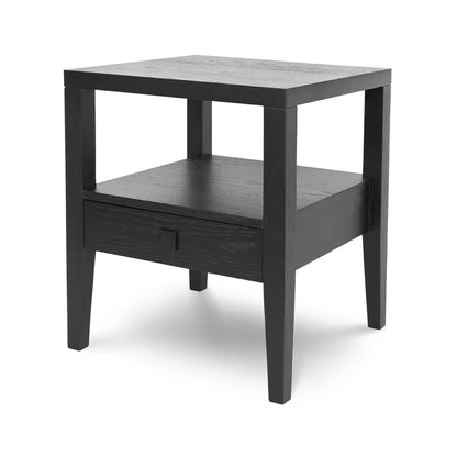 Black wooden side table with a drawer on a white background