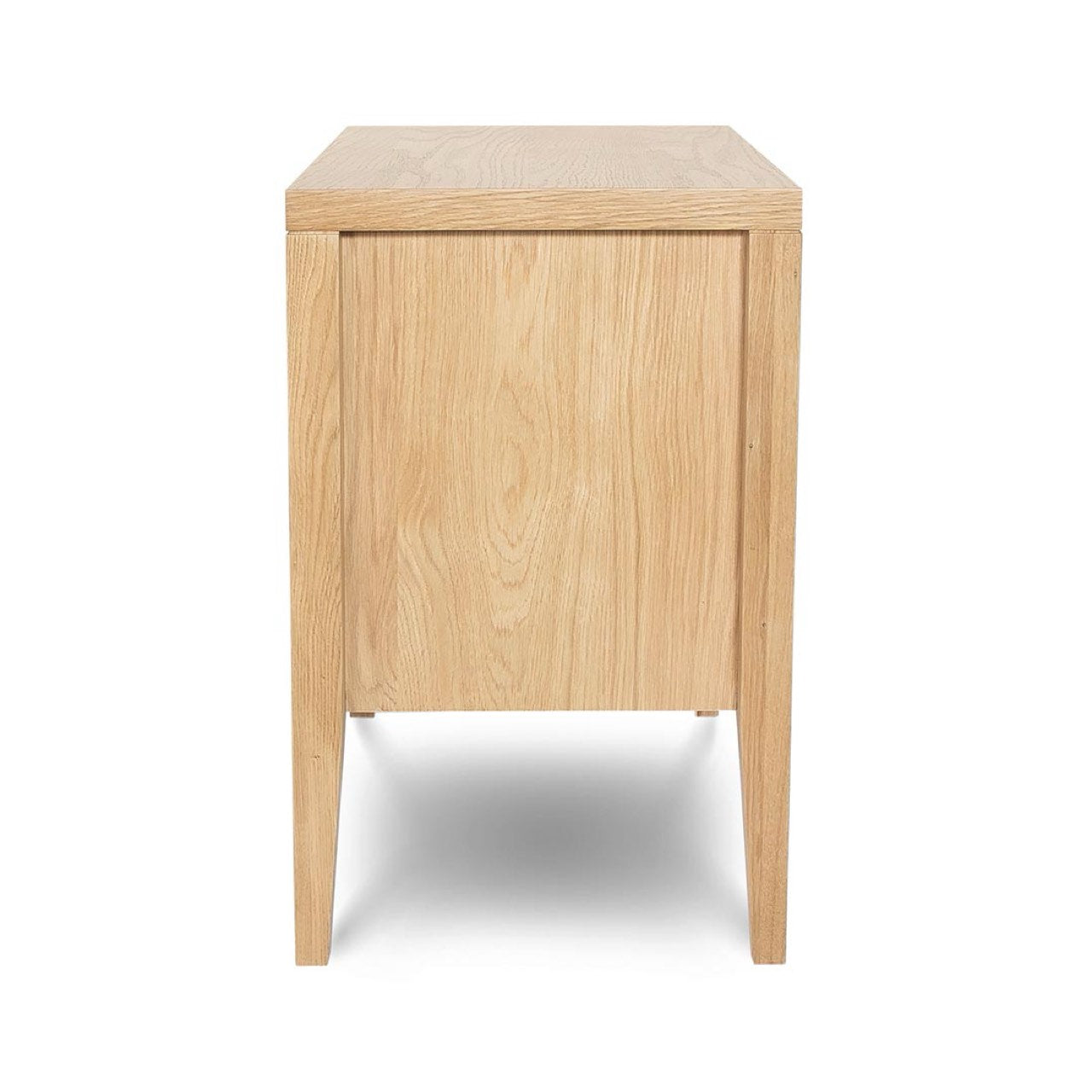 Wooden side table with a light finish on a white background