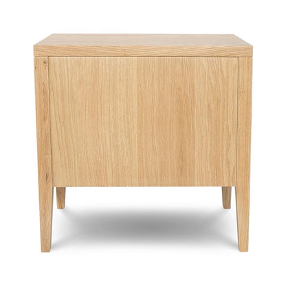 Wooden side table with a light finish on a white background