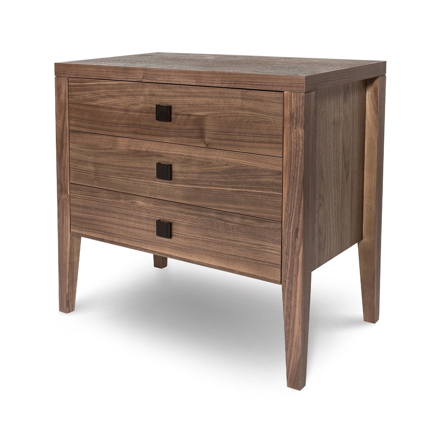 Wooden nightstand with two drawers on a white background