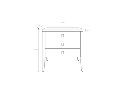 Line drawing of a three-drawer nightstand with dimensions.