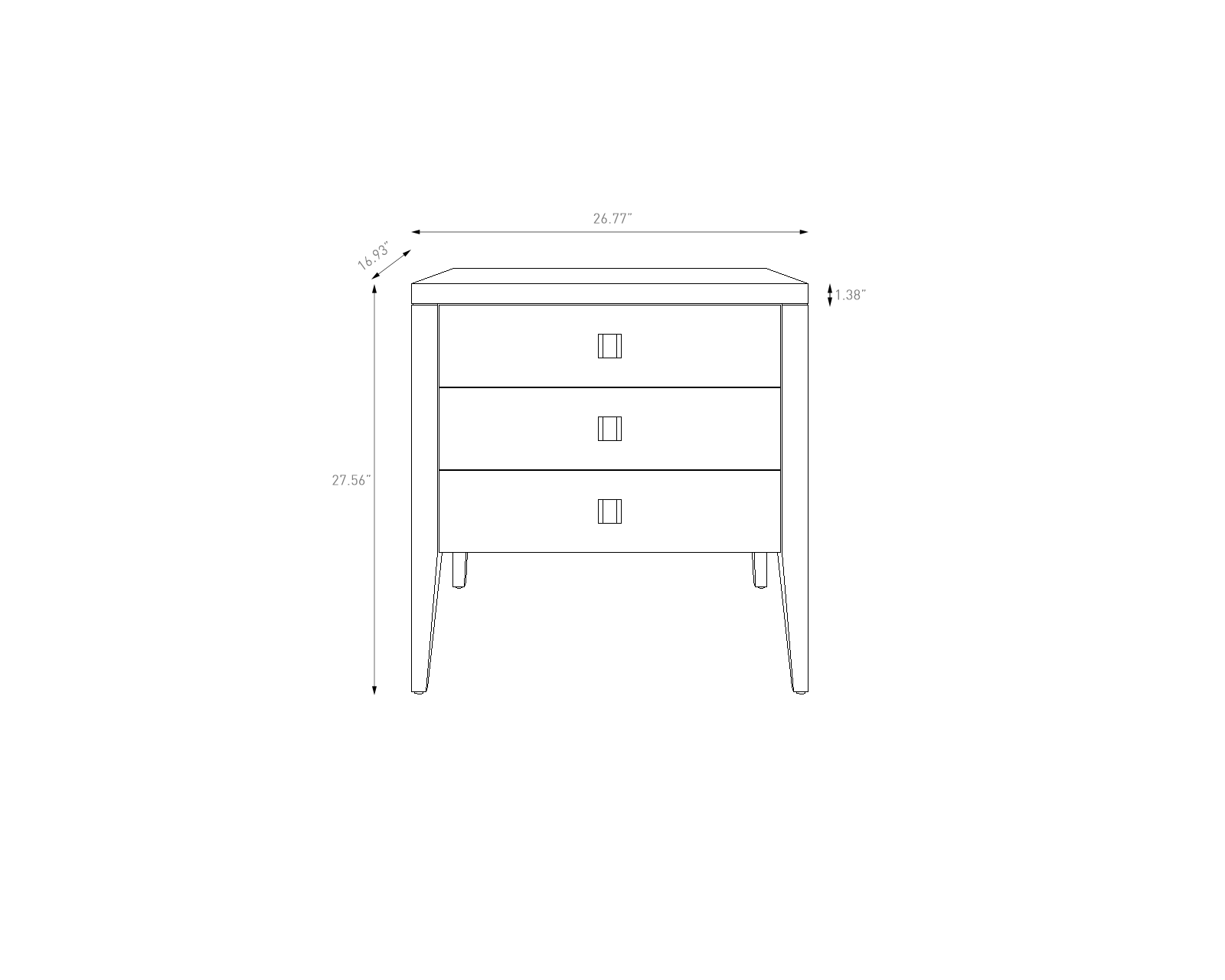 Line drawing of a three-drawer nightstand with dimensions.