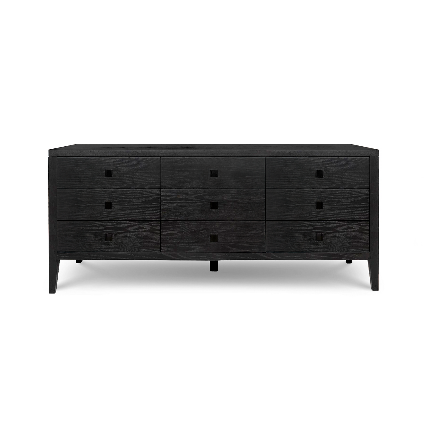 Black dresser with multiple drawers on a white background