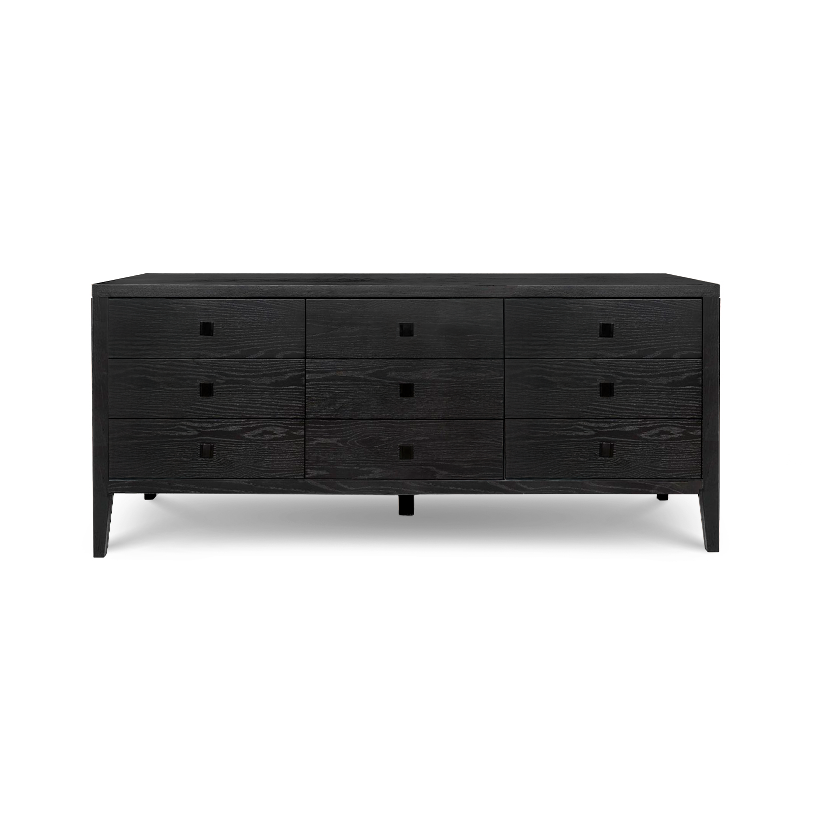 Black dresser with multiple drawers on a white background