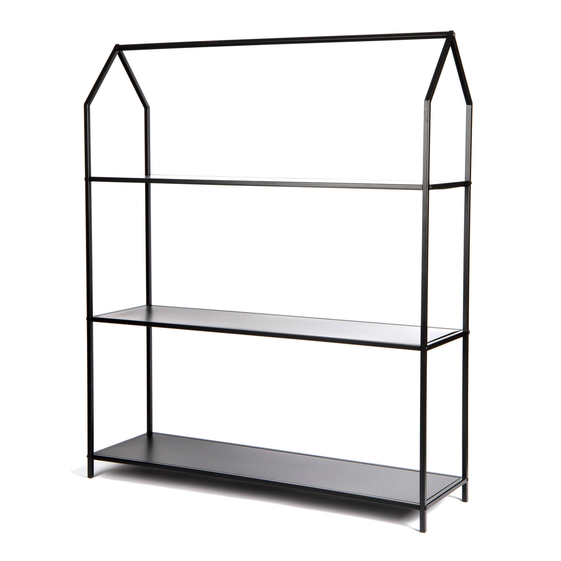 Black metal shelf with three shelves on a white background
