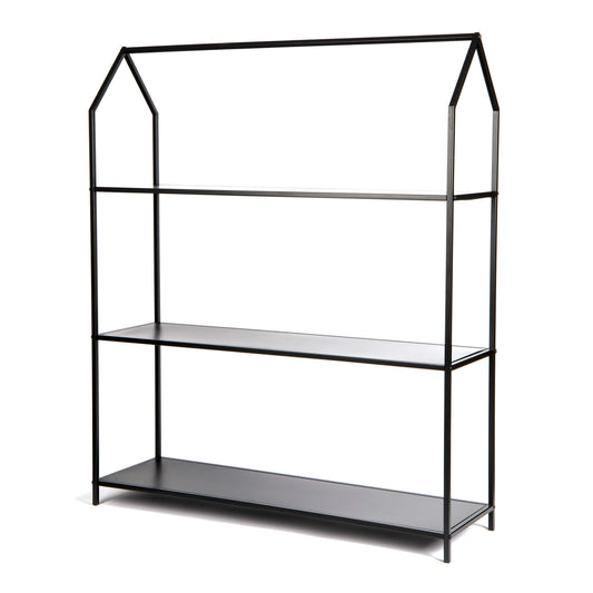 Black metal shelf with three shelves on a white background