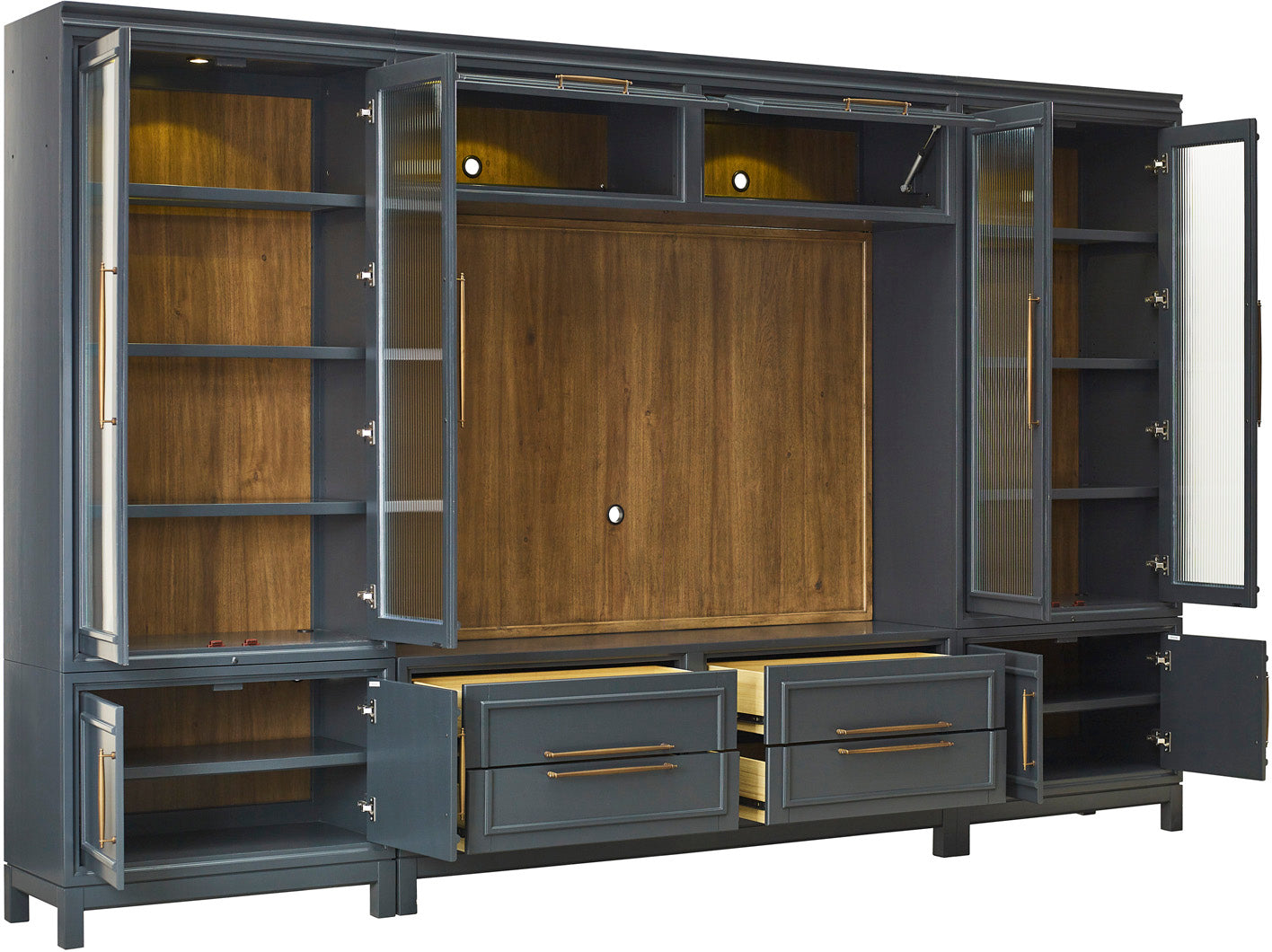 Large entertainment console with open doors and drawers, featuring a wooden panel in the center.