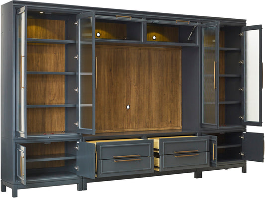 Large entertainment console with open doors and drawers, featuring a wooden panel in the center.