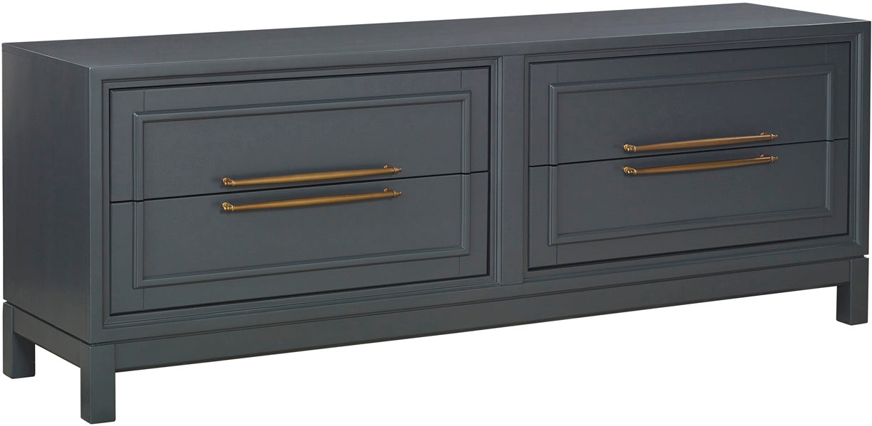 Gray dresser with gold handles on a white background
