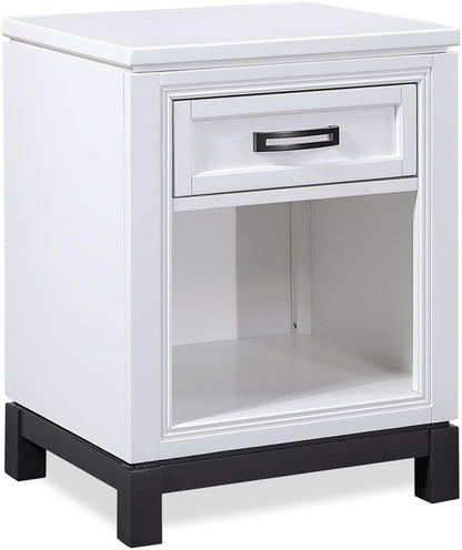 White nightstand with a single drawer and black feet on a white background