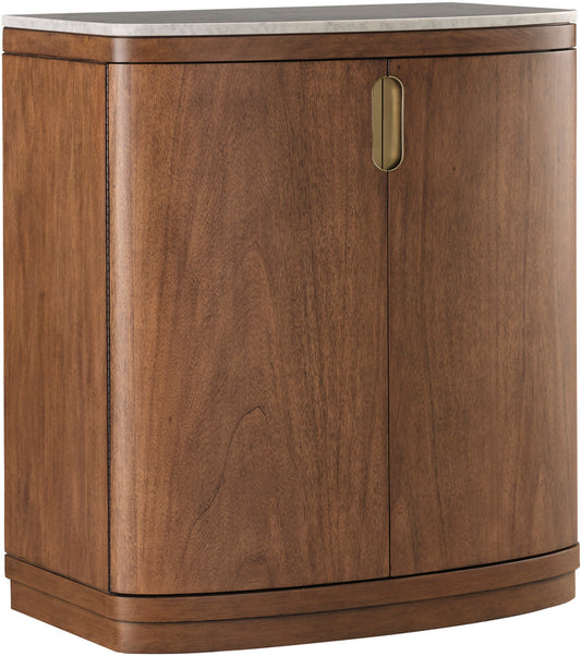 Wooden cabinet with a curved front and brass handle on a white background