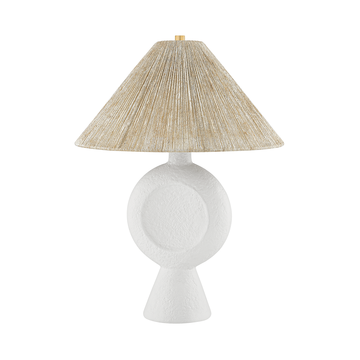 Table lamp with a textured beige shade on a white background