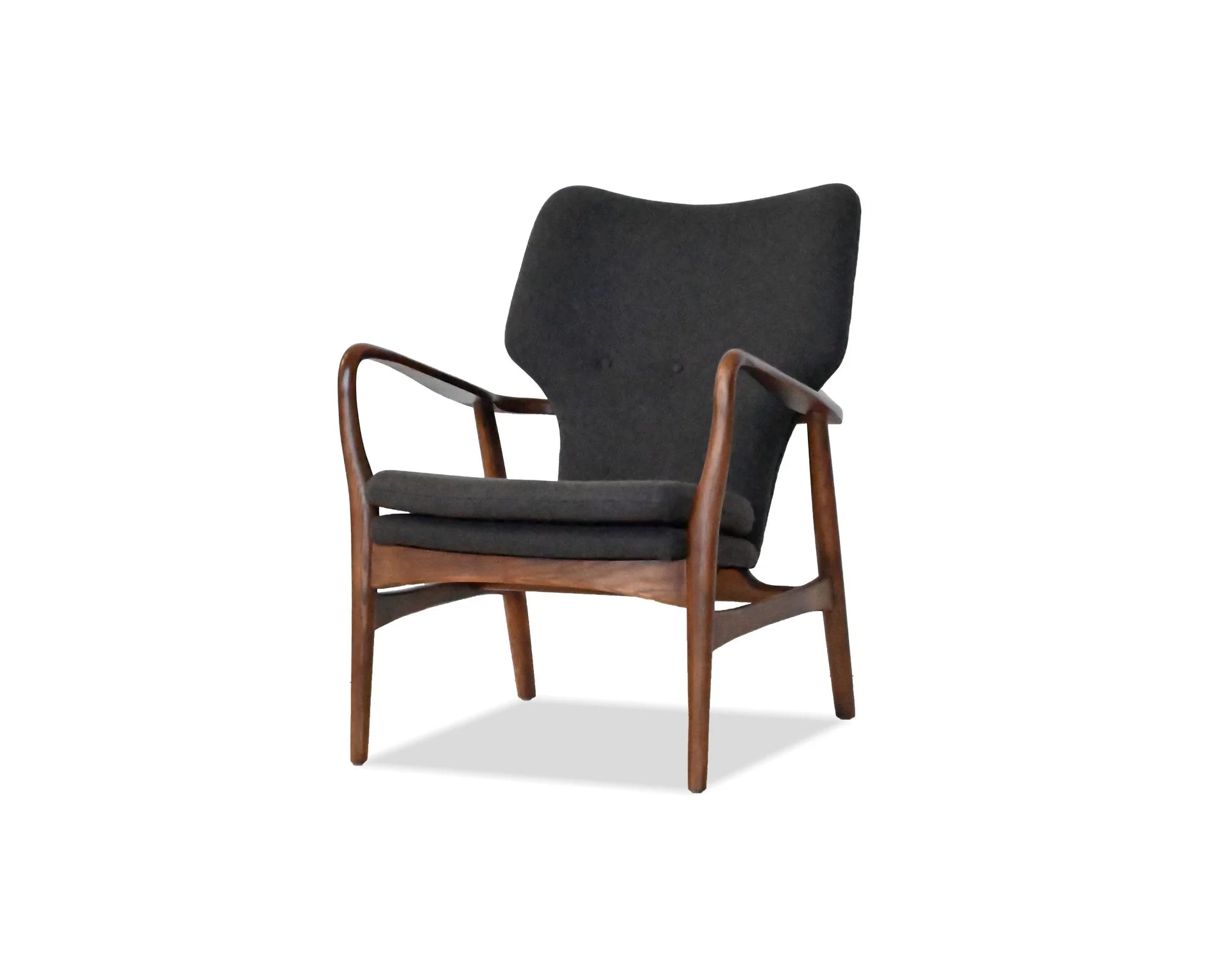 Chair with dark gray cushion and wooden frame on a white background