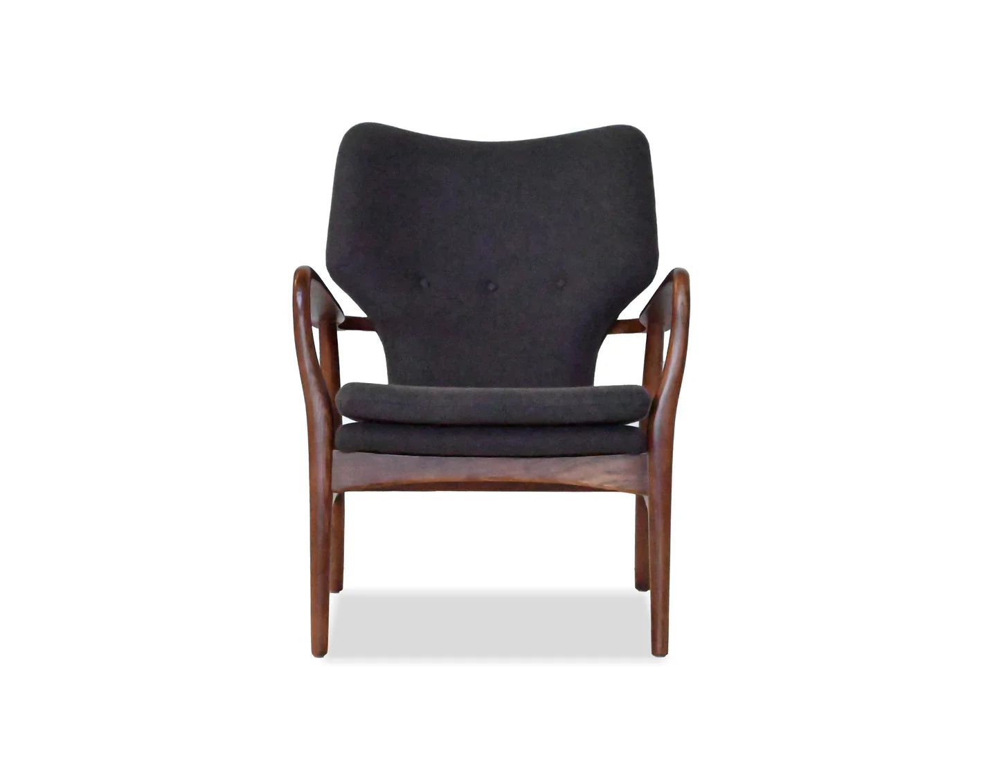 Dark gray armchair with wooden frame on a white background