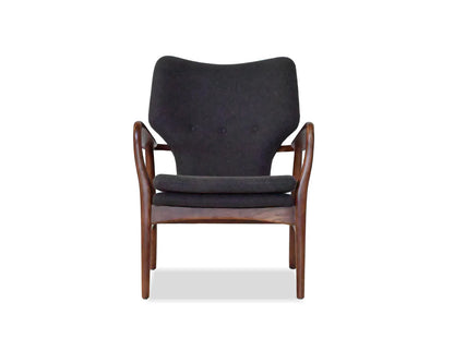 Dark gray armchair with wooden frame on a white background