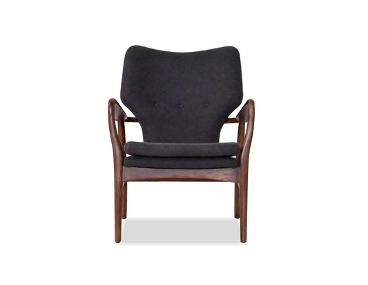 Dark gray armchair with wooden frame on a white background
