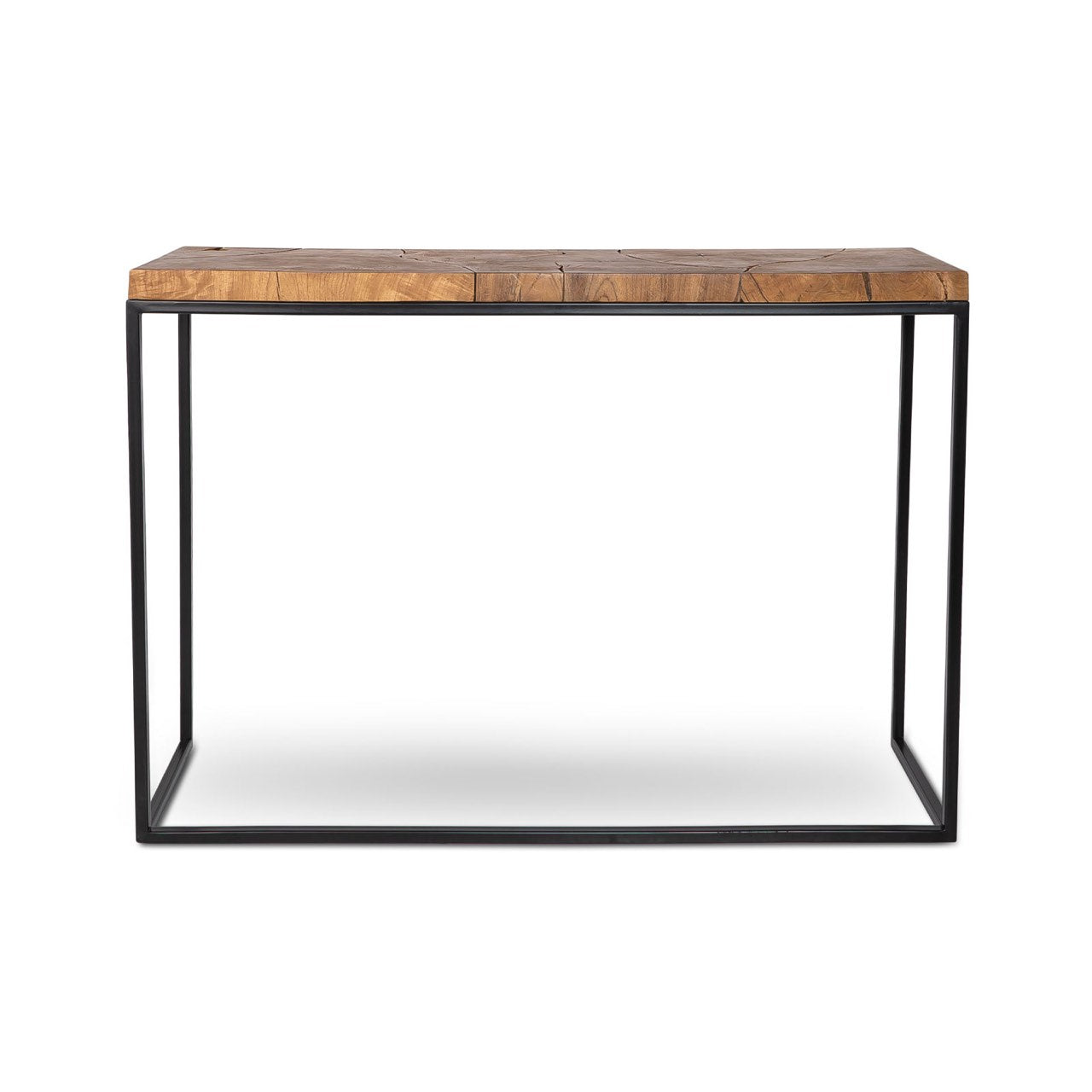 Wooden table with metal frame on a white background
