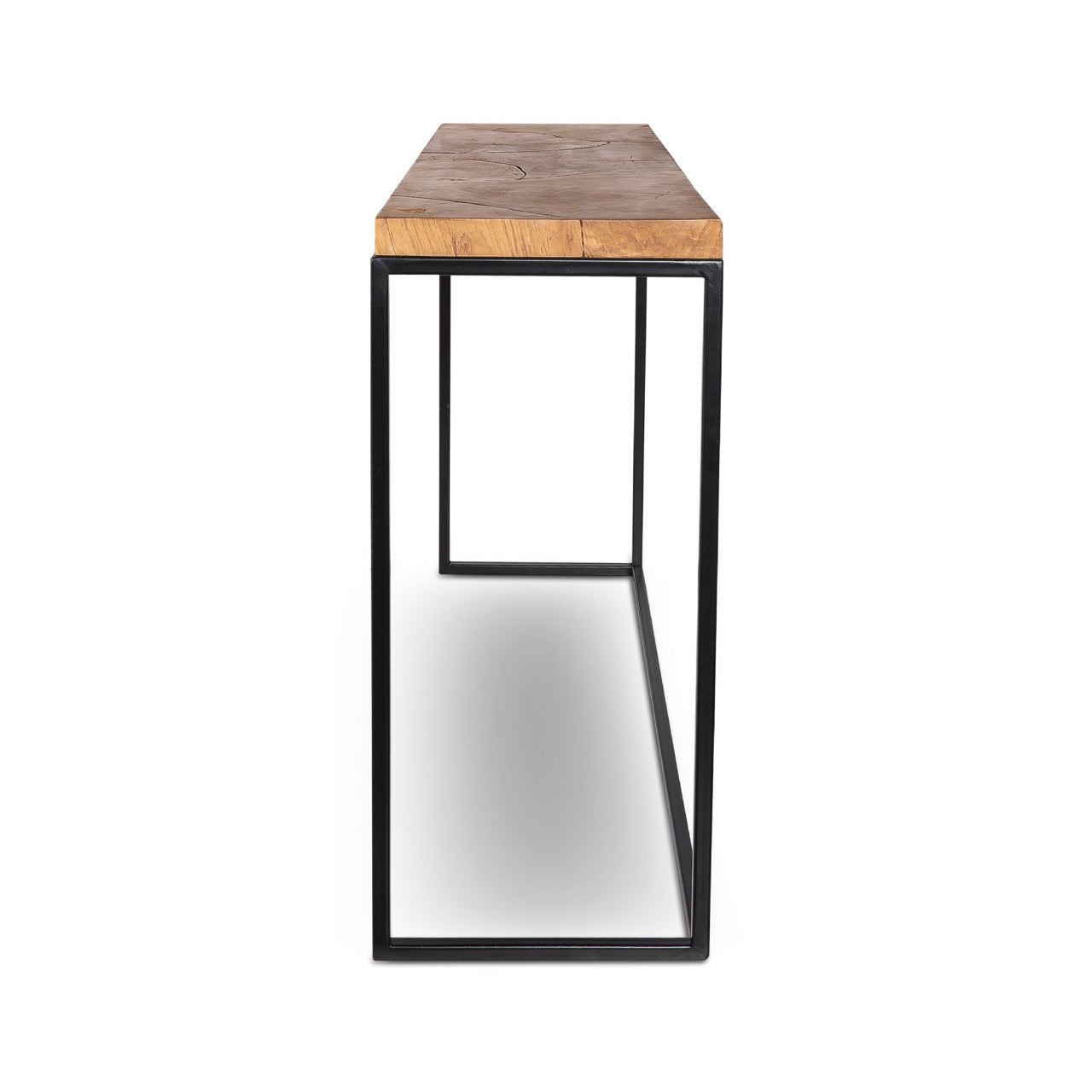 Wooden table with black metal frame on a white background