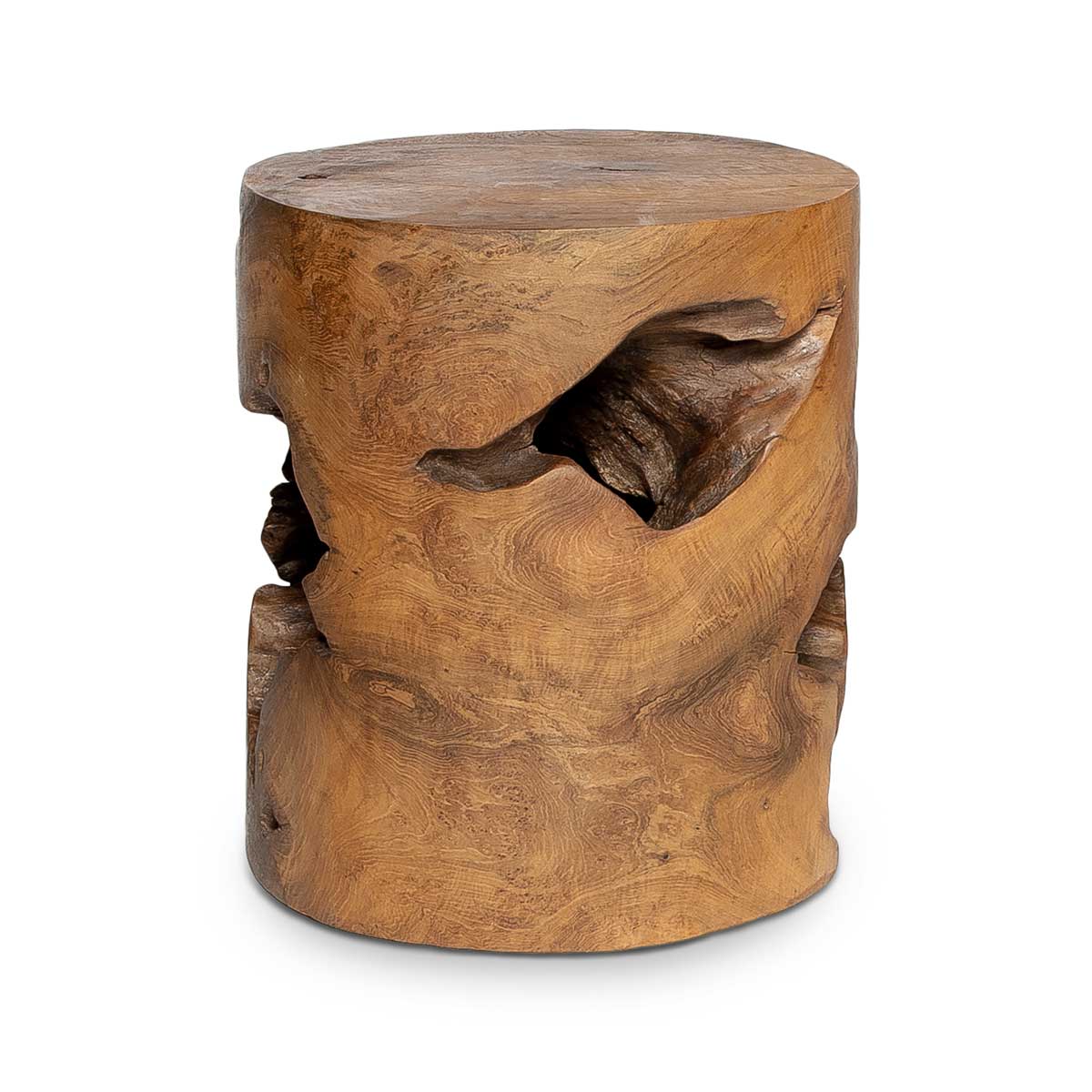 Wooden stool with natural tree trunk design on a white background