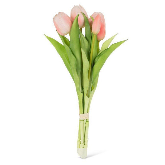 Bouquet of pink tulips with green leaves on a white background