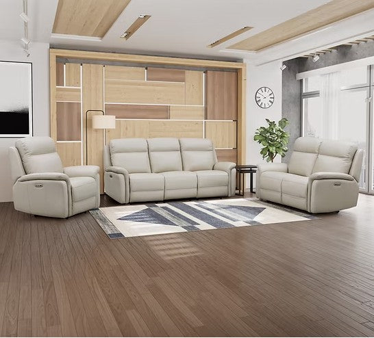 Modern living room with beige leather recliner sofa set on a wooden floor.