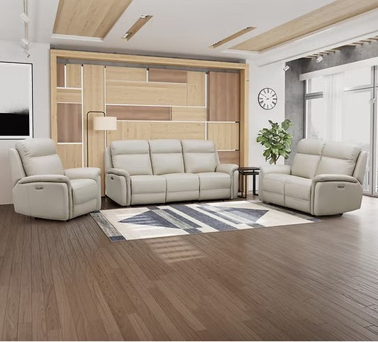 Modern living room with beige leather recliner sofa set on a wooden floor.