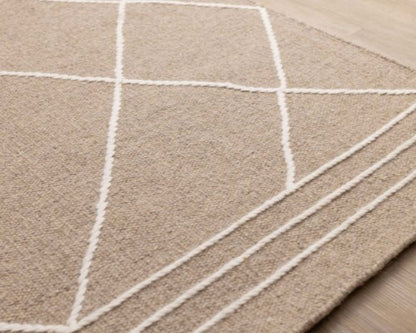 Beige rug with white geometric lines on a wooden floor