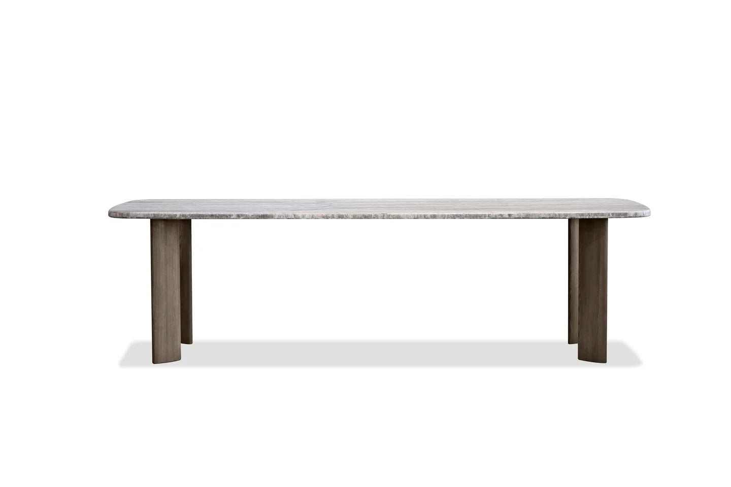 Dining table with marble top and wooden legs on a white background