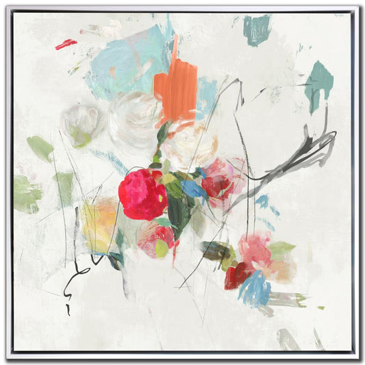 Abstract artwork with colorful flowers and brush strokes on a light background