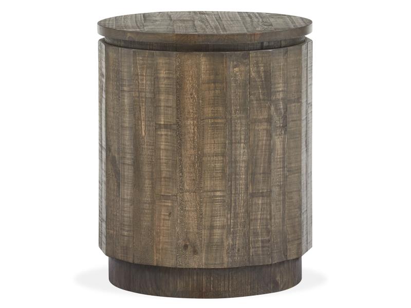 Wooden side table with a round top and cylindrical base on a white background