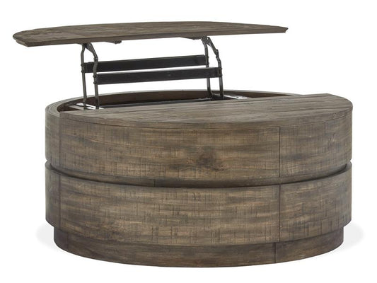 Round wooden table with a raised top on a white background