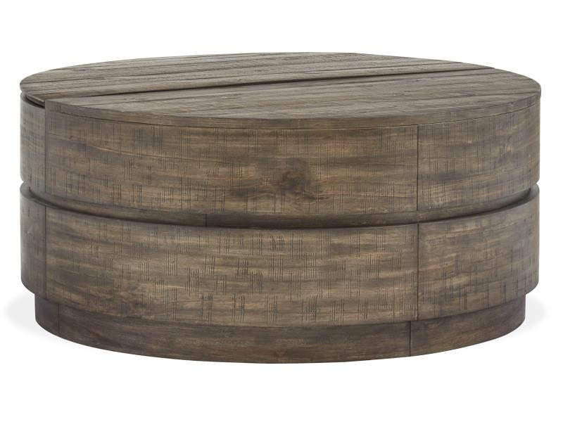 Round wooden ottoman with a weathered finish on a white background