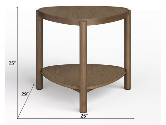 Wooden side table with dimensions on a white background