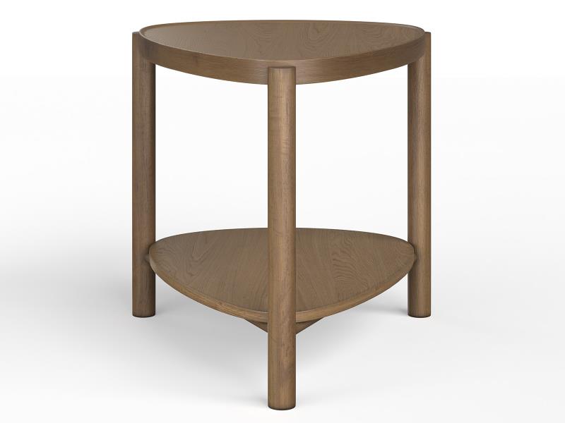 Wooden side table with a round top and shelf on a white background