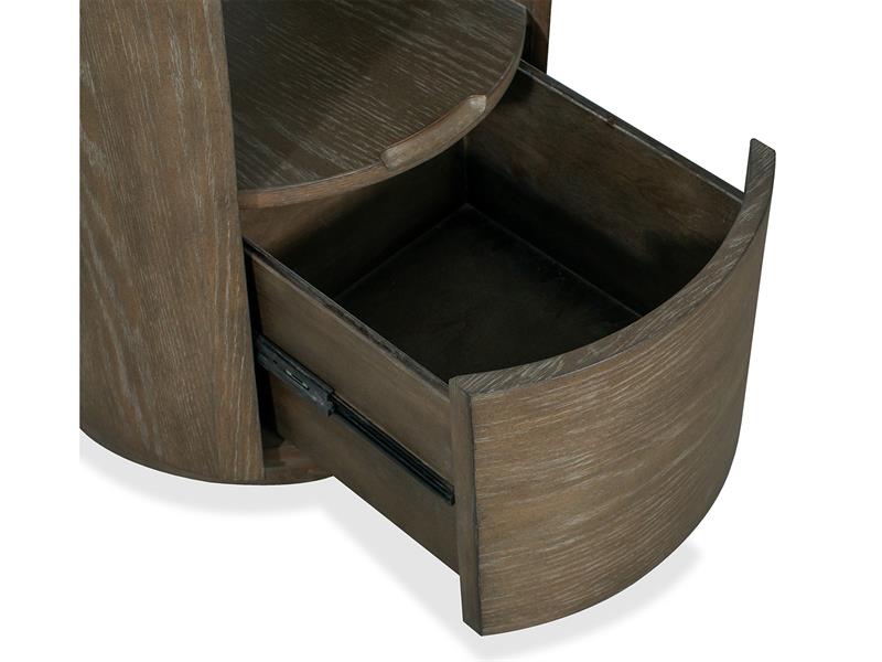 Wooden side table with an open drawer on a white background