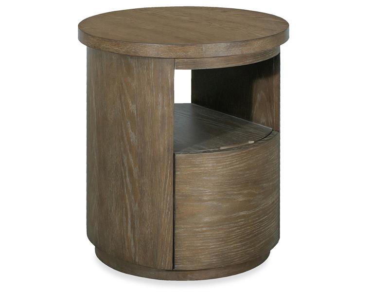 Wooden side table with a round top and cylindrical base on a white background
