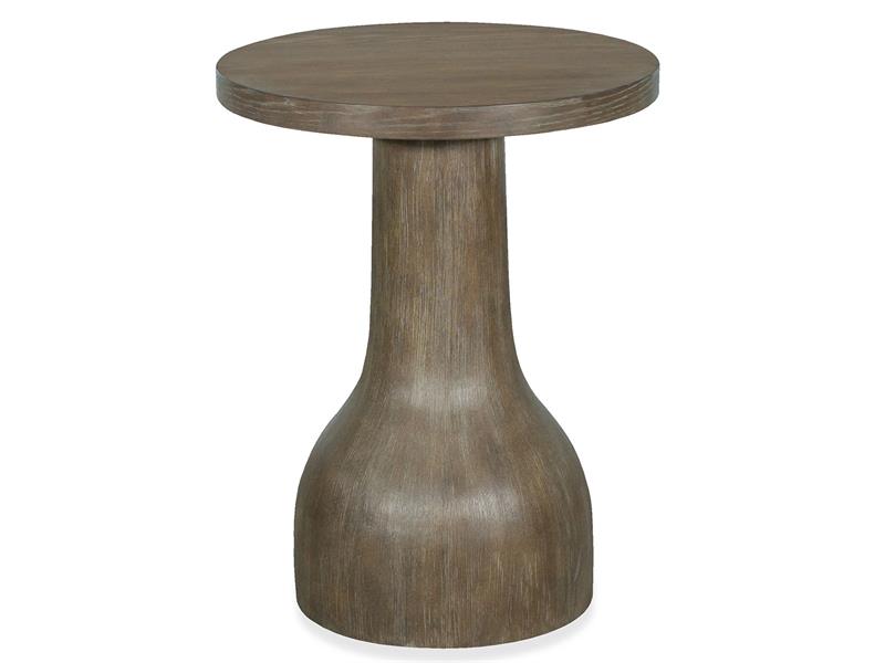 Wooden side table with a round top and cylindrical base on a white background