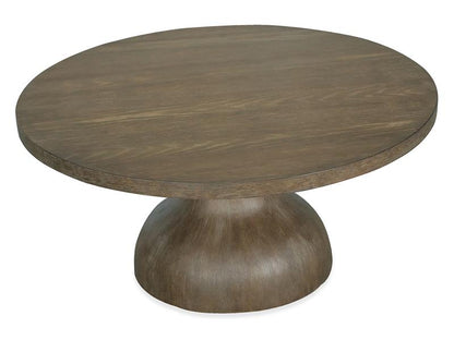 Round wooden table with a pedestal base on a white background
