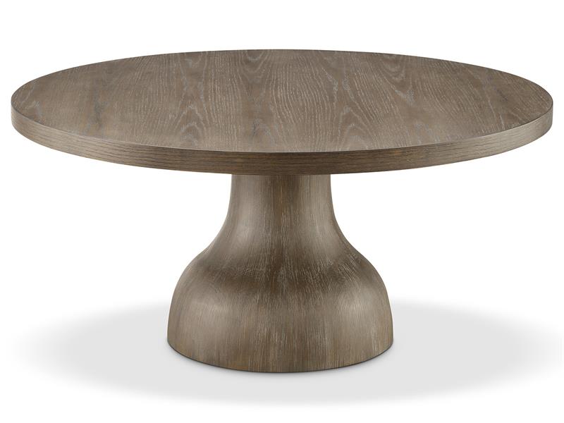 Round wooden table with a pedestal base on a white background