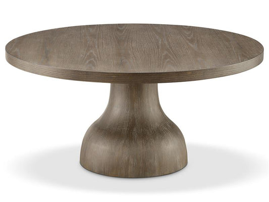 Round wooden table with a pedestal base on a white background