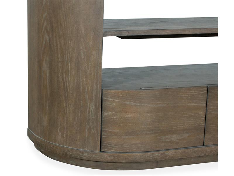 Wooden console table with a curved design on a white background