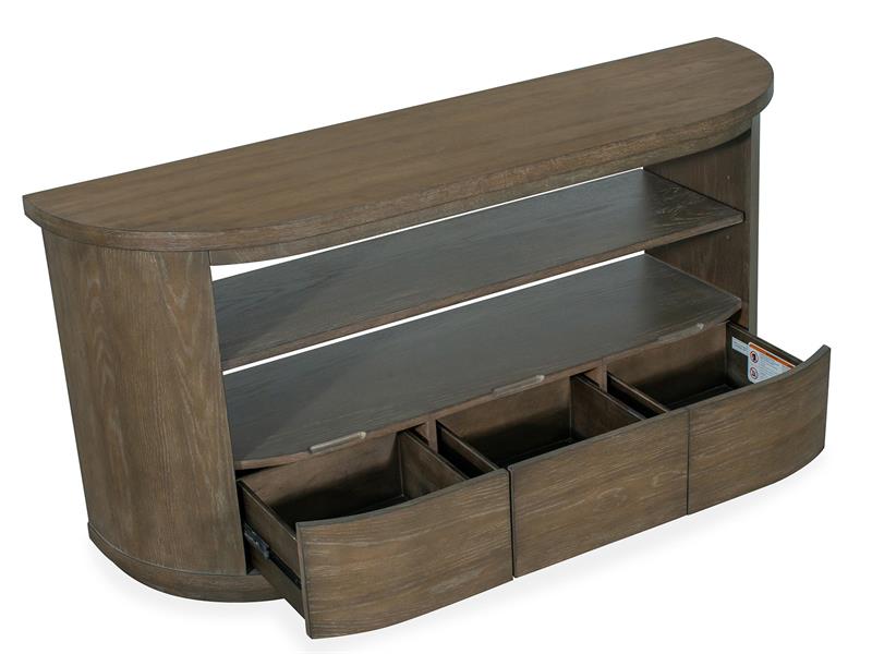 Wooden console table with glass top and drawers on a white background