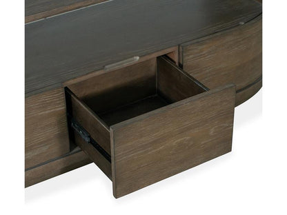 Wooden dresser with an open drawer on a white background