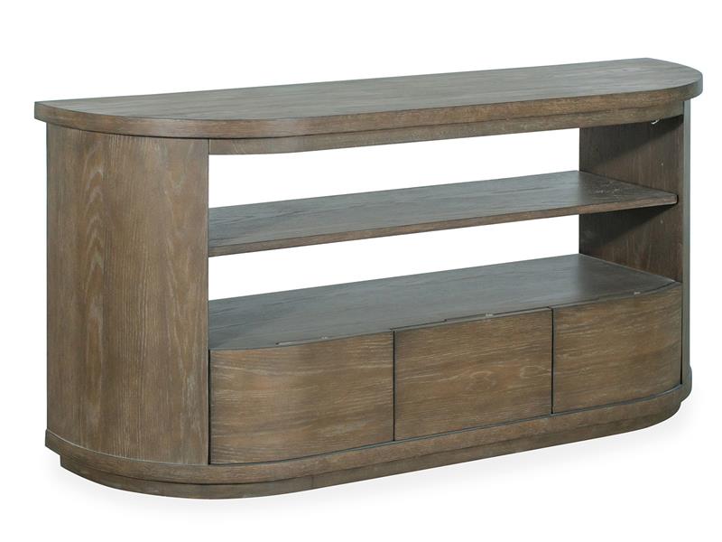 Wooden console table with shelves and drawers on a white background